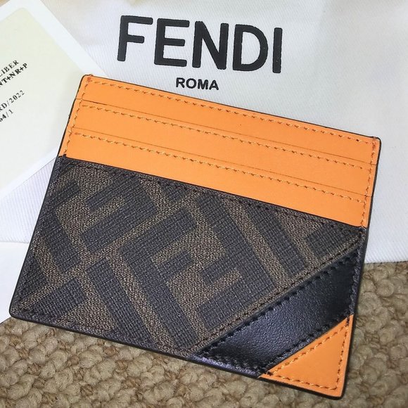 FENDI 'FF Logo w/ Orange Detail' Authentic Men's Canvas/Leather Card Holder NWT! - Picture 10 of 15